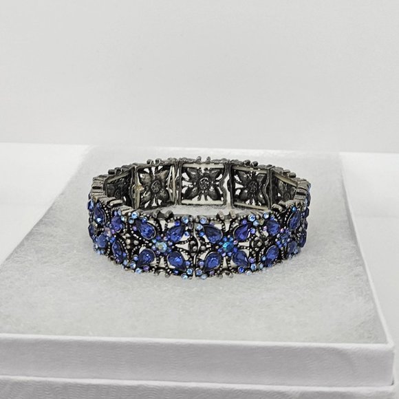 Vintage Stretch Expansion Floral Blue Bracelet - Picture 4 of 9